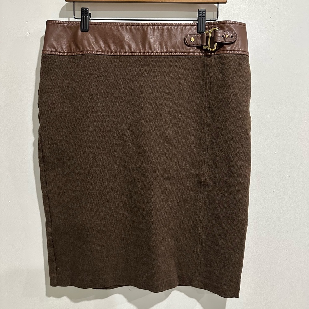 LAUREN RALPH LAUREN Brown Faux Leather Equestrian Knee Length Skirt Size 16/18